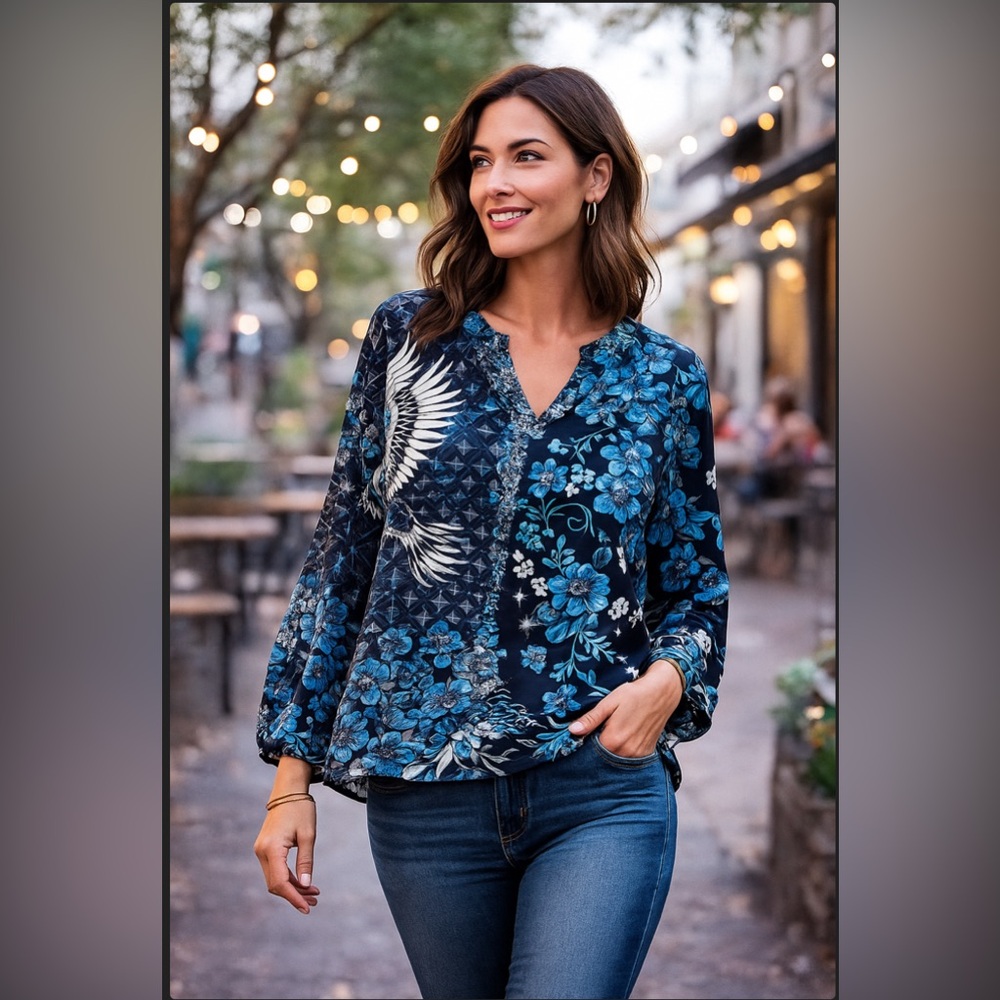 Johnny Was Phoenix Tate 100% Silk Boho Patchwork Top | Blue‎ Floral M - Picture 2 of 9